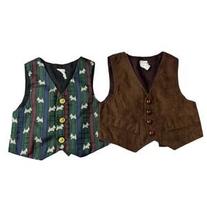 Vintage Sz 18M 90s 2 Boys Dress Suit Vest Tartan Plaid Schnauzer Dog Faux Suede